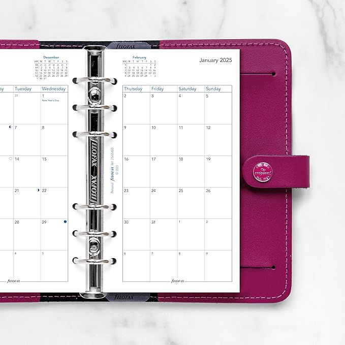 Filofax Calendar Diary Refill, Personal/Compact Size, Month-to-View, White Paper, English, 2025 (C68410-25)