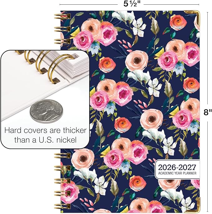 HARDCOVER Academic Year 2026-2027 Planner: 14 Months (May 2026 Through June 2027) 5.5"x 8" Daily Weekly Monthly Planner Yearly Agenda. Bookmark, Pocket Folder and Sticky Note Set (Small Navy Floral)