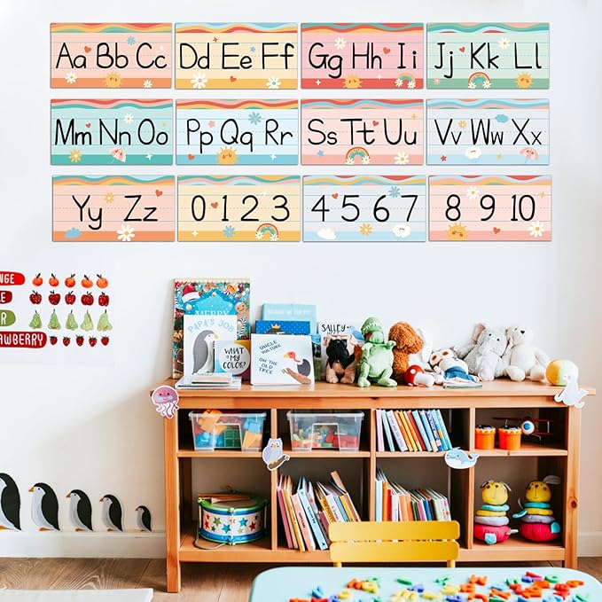 12 Pieces Alphabet Bulletin Board Strips Set Retro Alphabet Line ABC Alphabet Banner & Number Border Posters for Kindergarten Preschool Classroom Playroom Bedroom (Retro)