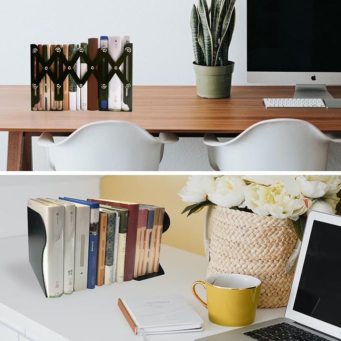 Metal Bookends, Book Ends for Heavy Books, Adjustable Book Holder for Shelves, Book Stopper for Home/School/Office, Extends up to 19 inches, Black