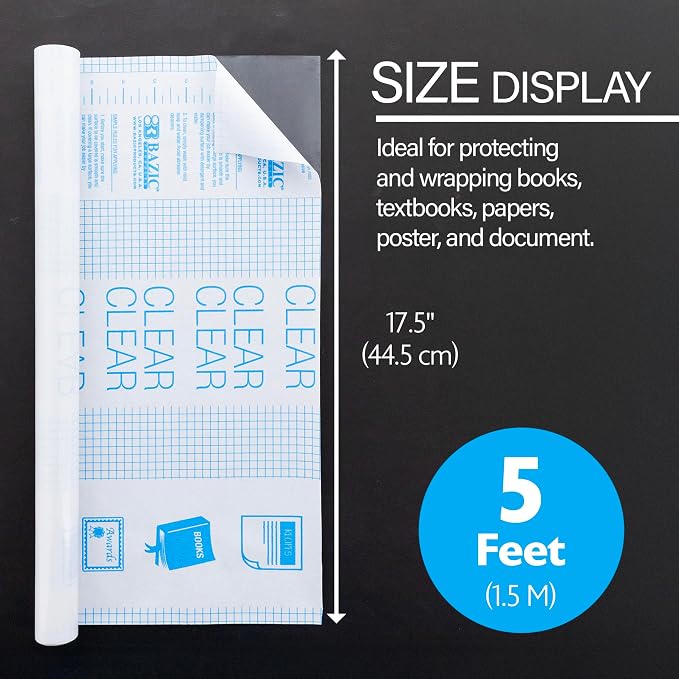 BAZIC Products Clear Self-Adhesive Book Cover Roll, 17.5 in x 5 ft, Clear Peel-and-Stick Film, for Textbooks School Books, 4 Pack