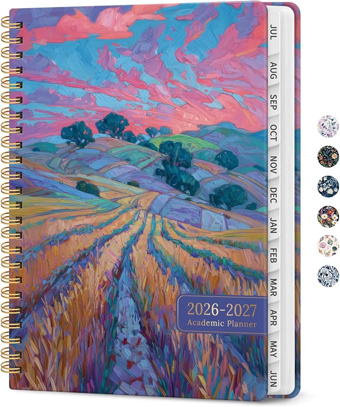 Planner 2026–2027, Academic Year Monthly & Weekly Calendar Book, Jul 2026–Jun 2027, Hardcover Organizer with Tabs, Student & Teacher Planner, 6.3" x 8.5", Painted Fields