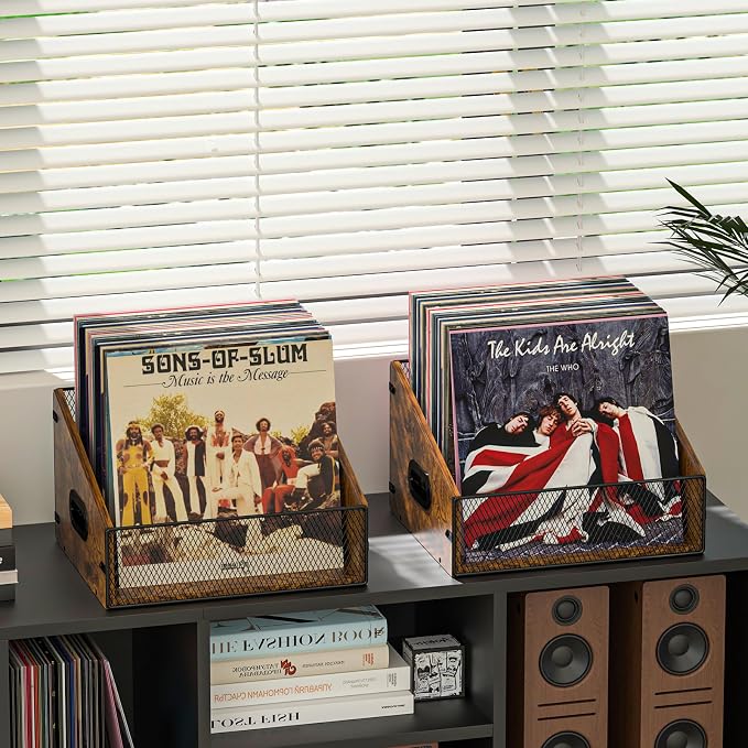 Yuzehuaza 2-Pack Vinyl Record Storage, Record Box Case Crate with Handle, Vinyl Record Holder, Desktop Metal & Wooden LP Record Crate, Easy to Assemble