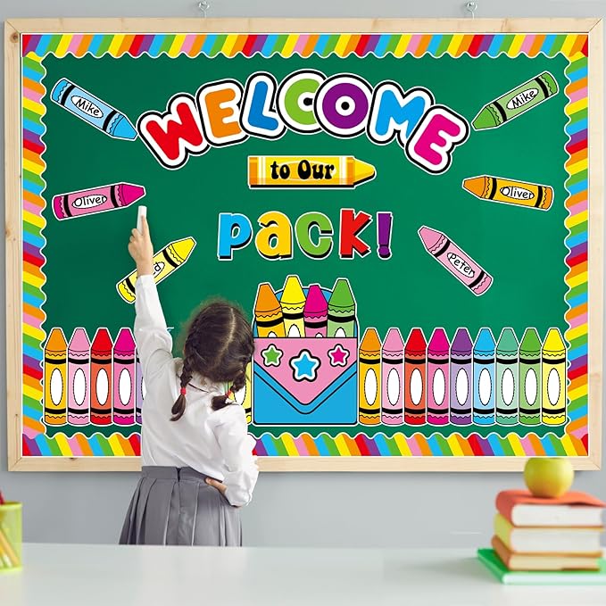 Justforjoyful Welcome to Our Pack Bulletin Board Decorations Back to School Crayon Theme Classroom Bulletin Board Border Set Colorful Crayons Name Tags for School Teacher Supplies Home Wall Decor