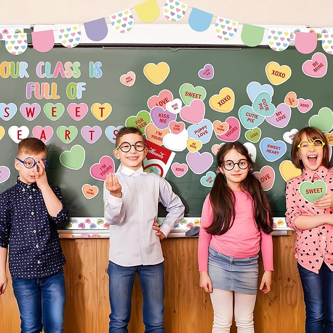 130Pcs Valentine’s Day Conversation Heart Bulletin Board Classroom Decoration Set, Sweet Candy Heart Cutouts Banner Name Tags, School Classroom Chalkboard Wall Decor Valentines Party Supplies