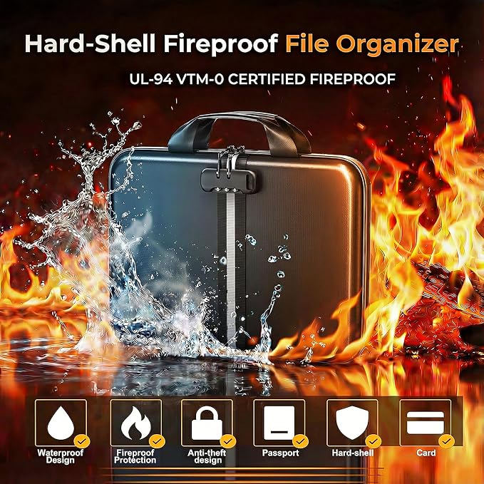 Fireproof Document Organizer with Lock, Rigid EVA File Box with 13-Pocket Accordion Folder for Important Documents & Tablets under 11", Lightweight Safe Storage for Home, Office & Travel (Small Size)