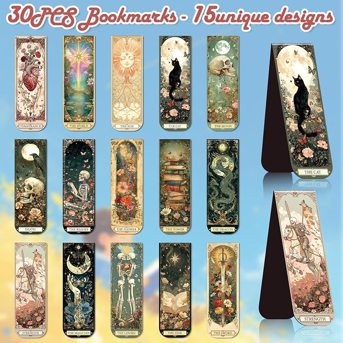 Wxiben Tarot Magnetic Bookmark Gifts - 30 Pcs Dark Romance Bookmark for Women Fantasy Skull Book Mark Witch Skeleton Magnets Page Clip for Bookish Book Lovers Students Teacher Reading Party Favor