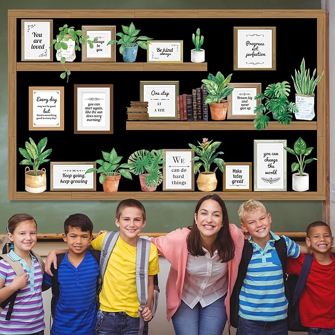 GOLDGAO Bookshelf Bulletin Board Set Back to School Plant Motivational Classroom Decoration Reading Poster Potted Plant Back to School Cutouts for Library Office Chalkboard Wall Door Decor Supply