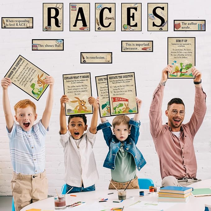 Outus 36 Pcs RACES Writing Strategy Bulletin Board Set, Alphabet Cutout Poster Sentence Starters Cards for Elementary School Classroom, Writing Display Wall Decoration Teacher Supply(Map)