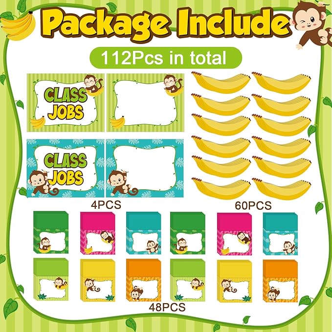 112 Pcs Monkey Class Jobs Bulletin Board Set Jungle Animal Classroom Jobs Pocket Chart Bulk Class Management Educational Chart Teacher's Helper Poster Decoration Back to School Supplies