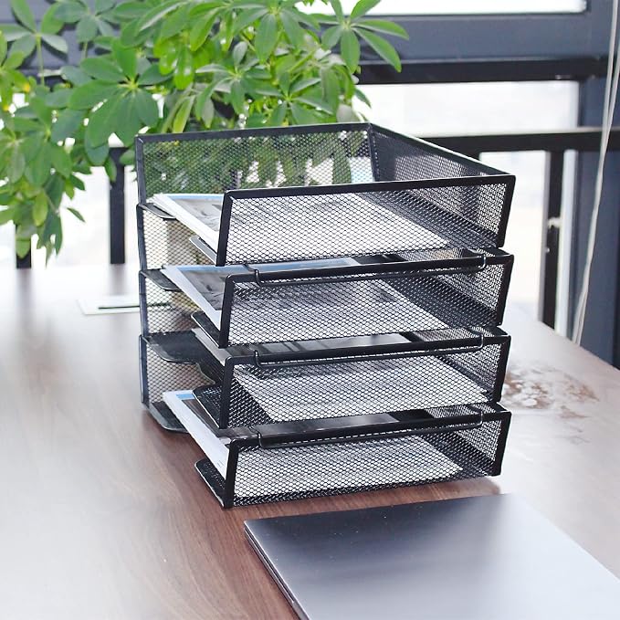 SETTFRFE 4 Tier Metal Mesh Desk Organizer-Stackable Paper Tray for Home, Office,School,Black File Storage System with Reinforced Edges