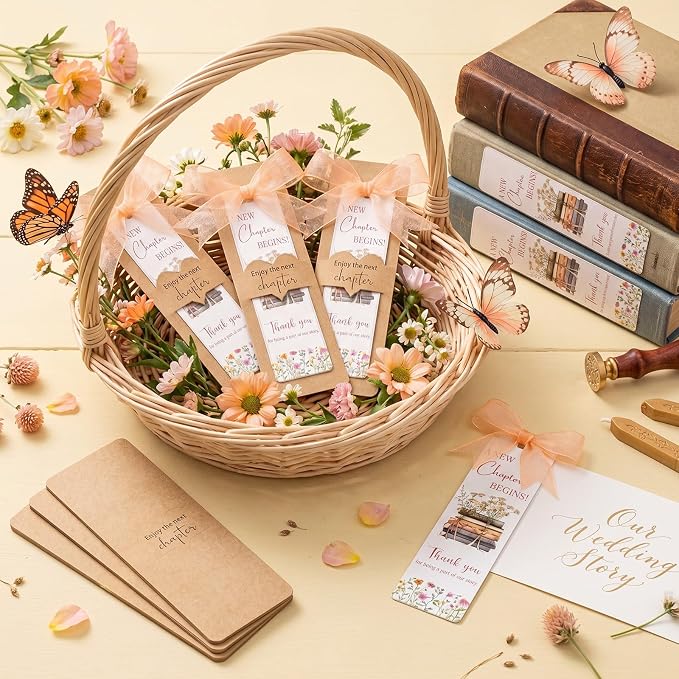 Resurhang 20 Sets A New Chapter Begins Acrylic Bookmark with Kraft Bookmark Sleeves and Ribbon DIY Bookmarks Cards Set Next Chapter Party Decor for Baby Shower Bridal Shower Wedding Book Party Favors