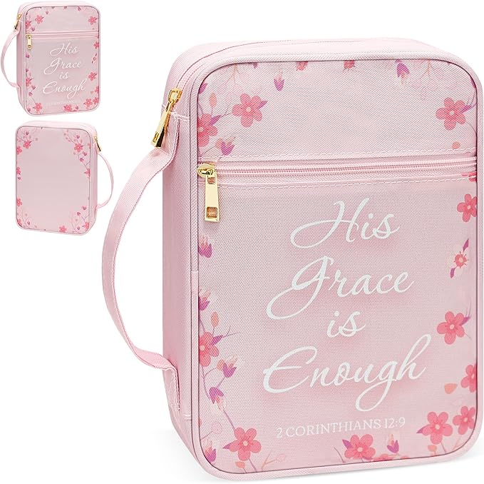 Bible Cover for Women, Bible Holder, Bible Cover Carrier Carrying Organizer Bag, God is Within Her She Will Not Fall, Zipper and Pockets for Standard Size Bible, Gift for Women（Pink Leaves）