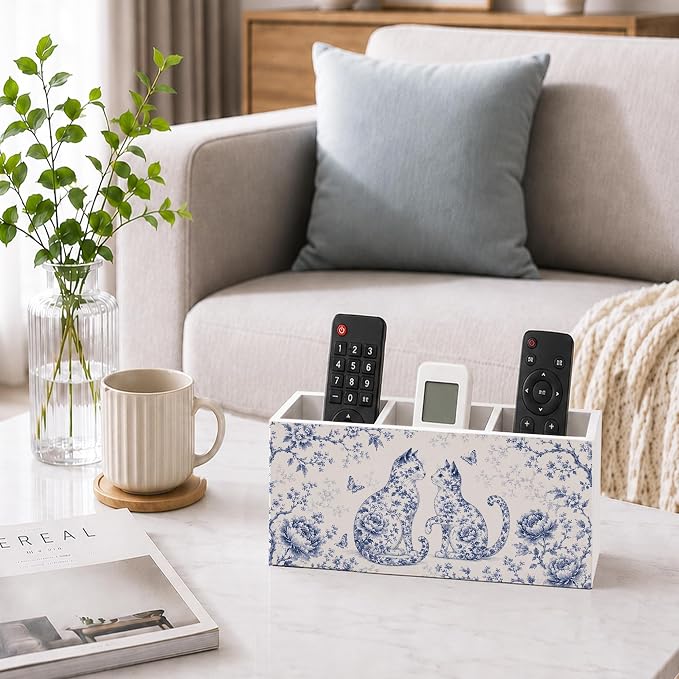 Blue Chinoiserie Cat Pen Pencil Holder for Desk, Cat Lover Gifts for Women, Cottagecore Botanical Floral Kitty Wooden Pencil Holder Organizer Desk Accessories Decor for Home Office Desk