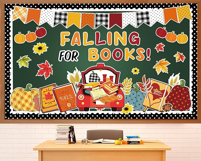 gisgfim Fall Bulletin Board Decorations Set Fall Thanksgiving Pumpkin Classroom Paper Cutouts Falling for Books Pumpkin Maple Leaf Bulletin Board Decor fo Home School Library Chalkboard Wall