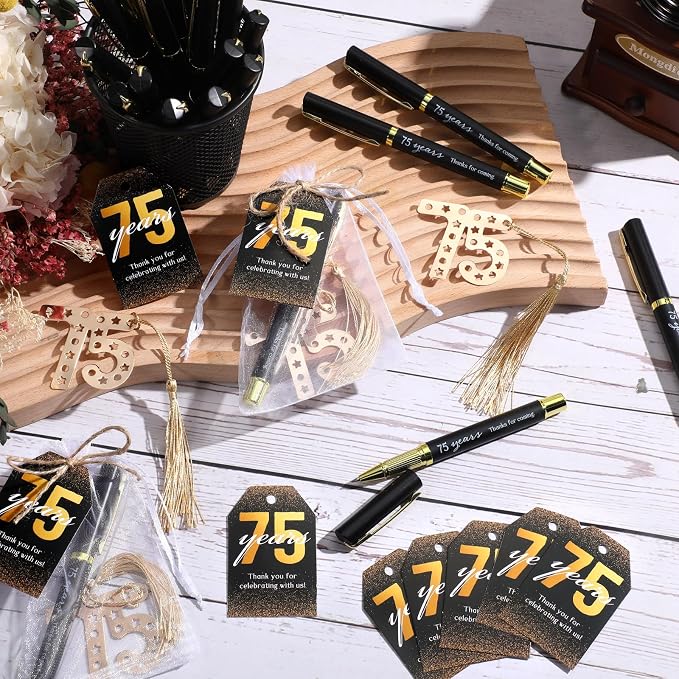 Spakon 25 Set 75th Birthday Party Favor for Guest Anniversary Party Favor Golden Birthday Bookmark Thanks Coming Pen with Tag Appreciation Gifts for Women Men Wedding Anniversary
