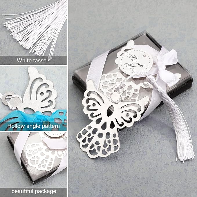 Spakon 120 Pieces Metal Angel Bookmark Favors Tassels Angel Bookmark Funeral Favors for Book Lovers Collection Guests Gift
