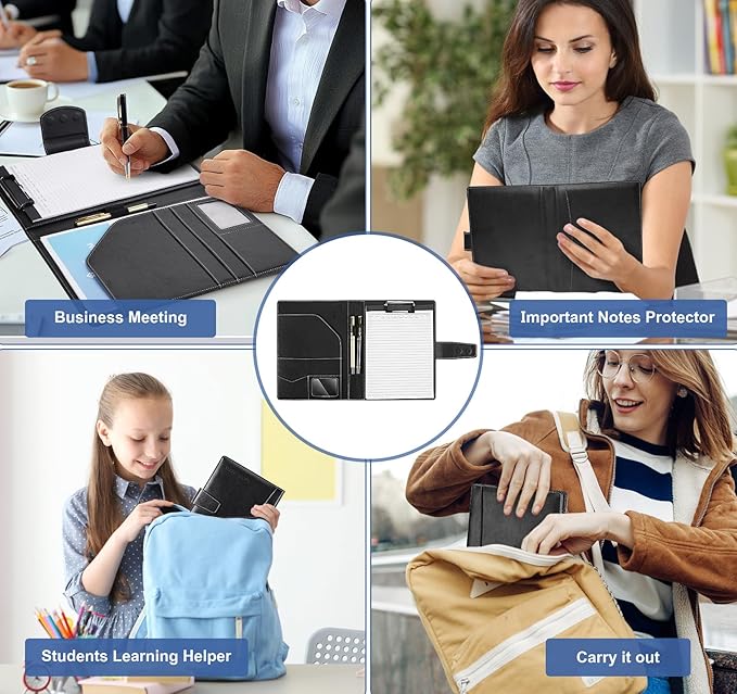 Padfolio Notepad Holder with Clipboard,A5 Faux Leather Padfolio Folder for Interview Resume,Magnetic Closure Legal Pad Folder with Business Holder,2 Pens & 5x8 Writing Pad for Office,Black