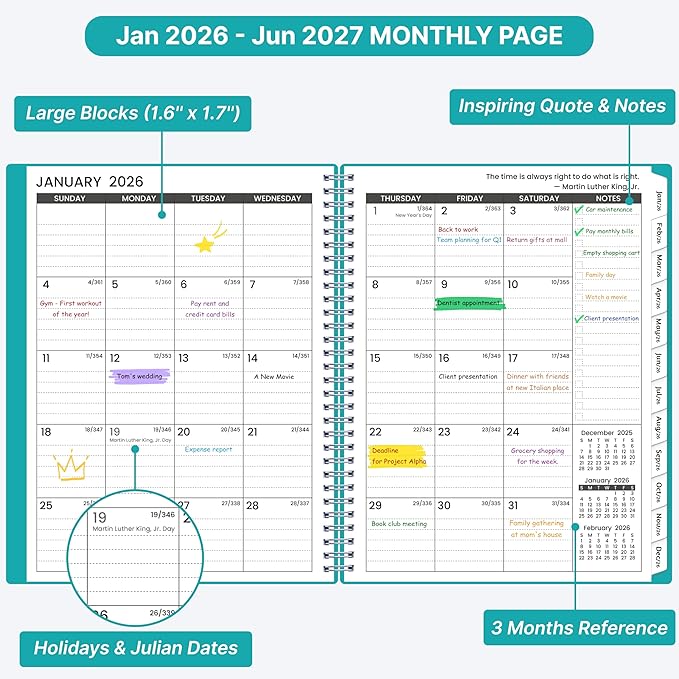 2026-2027 Monthly Planner, 18 Monthly Calendar Planner, January 2026 - June 2027, 8’’ x 10’’, 2026 Spiral Agenda with Tabs ＆Pocket, Flexible Cover, Organizer Notebook for Office Home School, Green