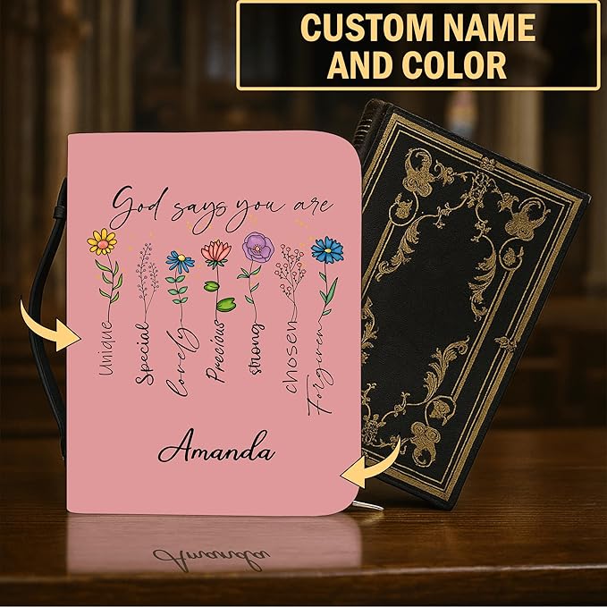 Custom Leather Bible Cover with Name – Personalized Bible Case for Women, Zippered with Handle, Bookmark & Storage Pockets, Christian Gift for Mom, Daughter, Grandma (God Says You are, M-2XL)