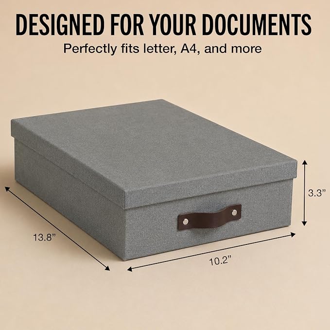 Bigso Box of Sweden Oskar Canvas Fiberboard Document Letter Box - File Organizer Box for Important Paperwork - Document Storage with a Lid & Handle - 3.3 in x 10.2 in x 13.8 in - 3 Pack - Grey