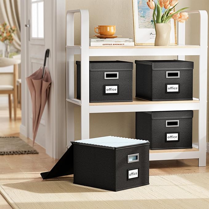 New Portable File Organizer Boxes Set of 4, Collapsible Linen Hanging Filing Storage Boxes with Plastic Slide, Decorative Home/Office Filing System for File and Folders Storage (Black)