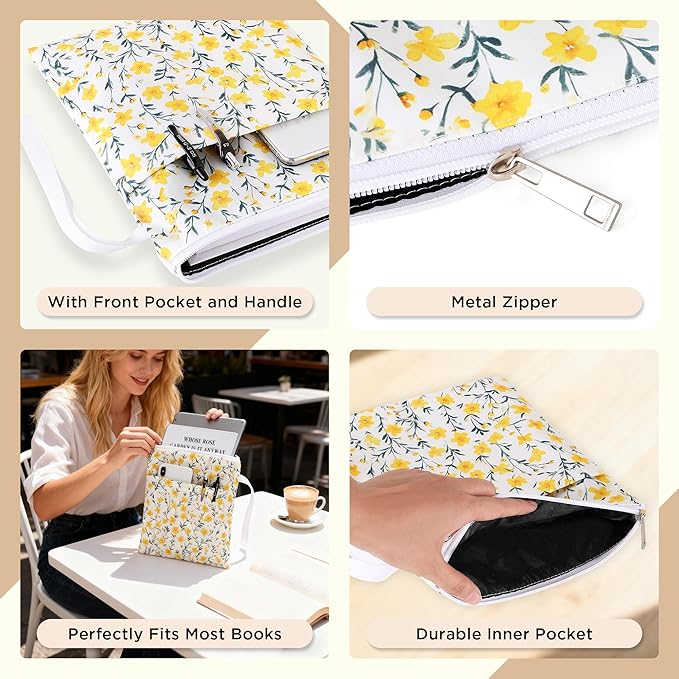 Book Sleeve with Zipper, 11''x 9'' Waterproof Paperback Sleeve for Book Lovers Books Pouch Cover with Handle for Hardcovers Kindle Sleeve for Reader Teacher Women (Yellow flower, 11x 9 inch)