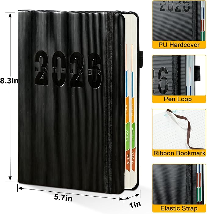 2026 Weekly Monthly Planner A5,Jan-Dec 2026 Hardcover Lay Flat Calendar Notebook, Teacher Office School Academic Organizer Planner 5.7×8.3 Inch,Black