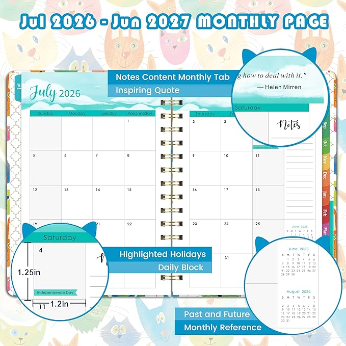 Planner 2026-2027 - 2026-2027 Planner Weekly and Monthly, Jul.2026 - Jun.2027, 12 Month Planner Weekly & Monthly with Colourful Tabs, 6.4" x 8.5", Hardcover + Back Pocket - Cat