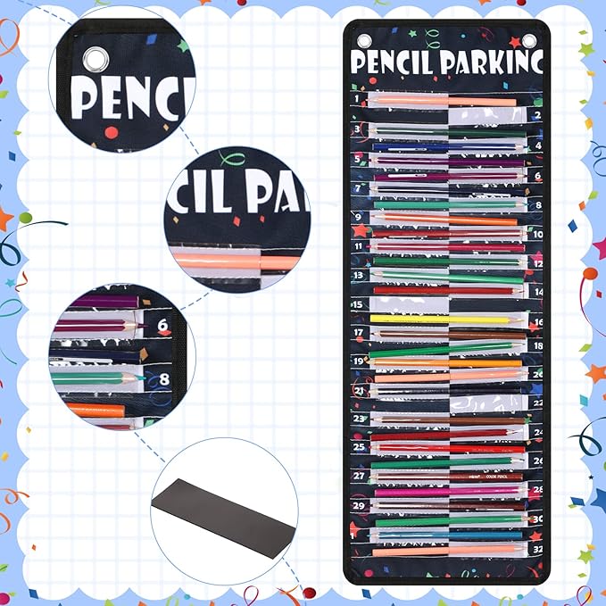 Sabary Pencil Parking Pocket Chart Pencil Dispenser Organizer Holder Nylon Fabric with Grommets and Magnetic Strip for Kids Teachers Classroom School Storage Supplies(Vivid)