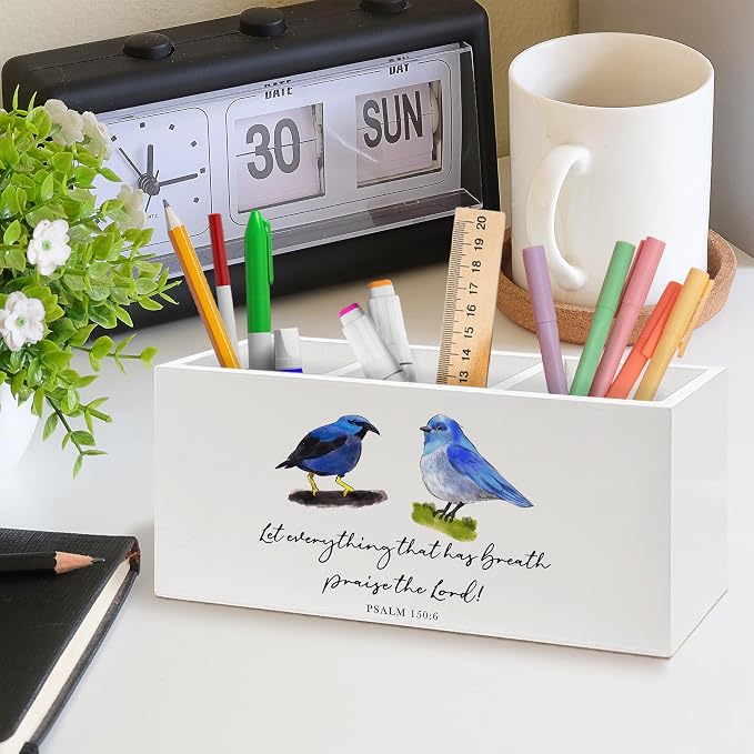 Blue Bird Christian Bible Verse Pen Holder, Christian Gifts Office Pen Pencil Holder Organizer for Desk Accessories, Bird Gifts Wooden Box Desk Decor for Home Office Desk Decorations