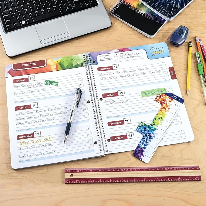 Global Datebooks 2026-2027 Middle & High School Student Planner 8.5" x 11" - Dated Weekly & Monthly Academic Planner with Ruler/Bookmark & Stickers, Ideal for Homework, Block Style, Neon Numbers