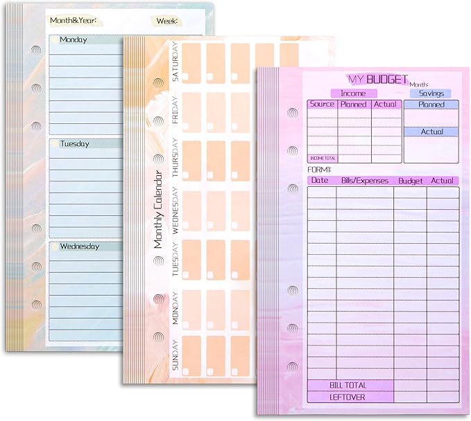 Toplive 3 Pack A6 Planner Refill Paper & Budget Sheets, Monthly Weekly Planner Losse Leaf Inserts 6 Hole Expense Tracker or A6 Planner Binder Cover Budget Bill Saving Organizer, Oil Painting 3 Pack