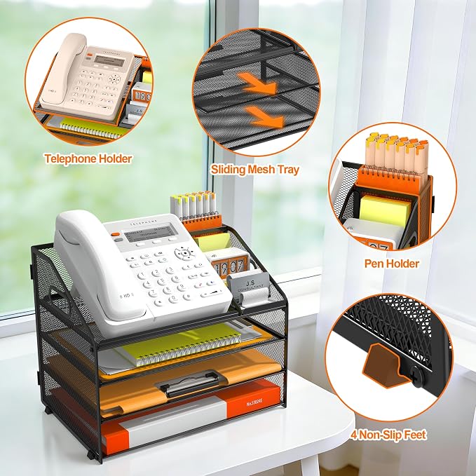 DocNest 4 Tier Metal Mesh Letter Tray - Space Saving Desk File Organizer with Handle, Pen Holder & Folder Holder - Desktop Document Sorter for Office, Home, School, Classroom - Black