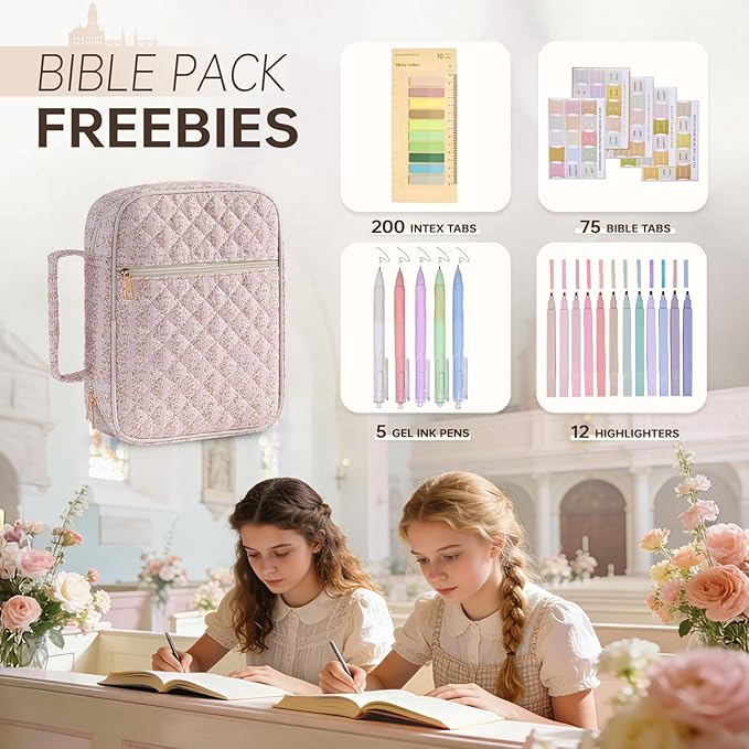 Bible Cover Case for Women Large Bible Cover Bag Quilted Bible Carrying Case for Girls Bible Study Supplies Accessories Christian Gifts for Women (Pink Floral, Large)