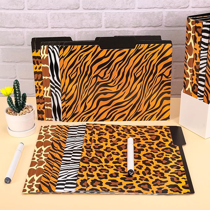 Whaline 24 Pack Animal Prints File Folders Letter Size Safari Leopard Zebra Tiger Giraffe Print File Pockets with 1/3 Cut Tab for Home Office Classroom Supplies, 8.9 x 11.6 Inch
