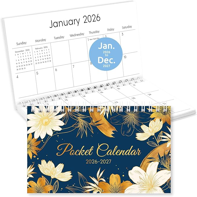 Pocket Calendar 2026-2027, Small Pocket Planner 2026 for Purse - 3.5’’×6.5’’ - From January 2026 to December 2027, Daily Monthly Agenda with Coil for Planning - Golden Flower