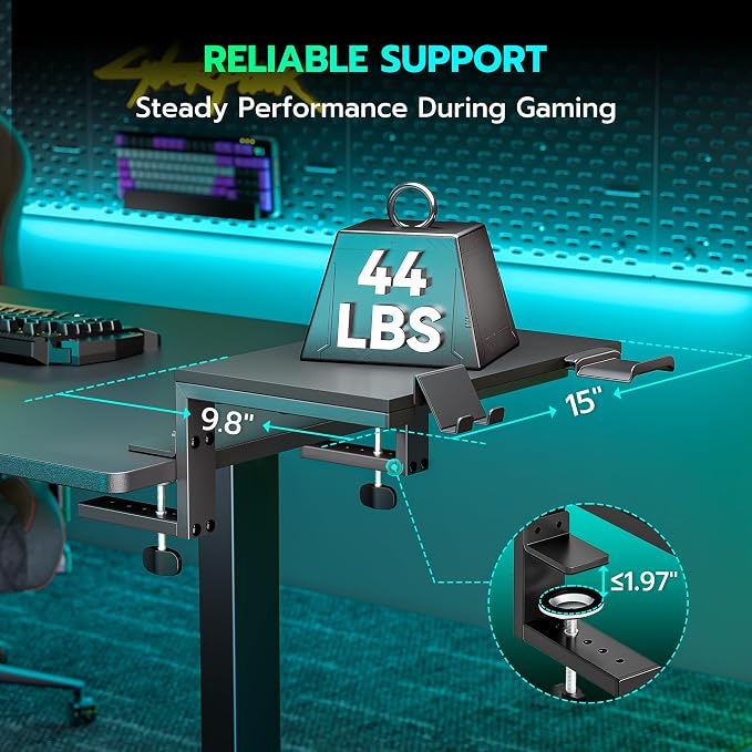 ARES WING Desk Shelf Extender, 15 inches 3 in 1 Clamp on Desk Shelf with Phone & Headset Holders, Heavy Duty Desktop Organizer for Gaming and Office Accessories, Black
