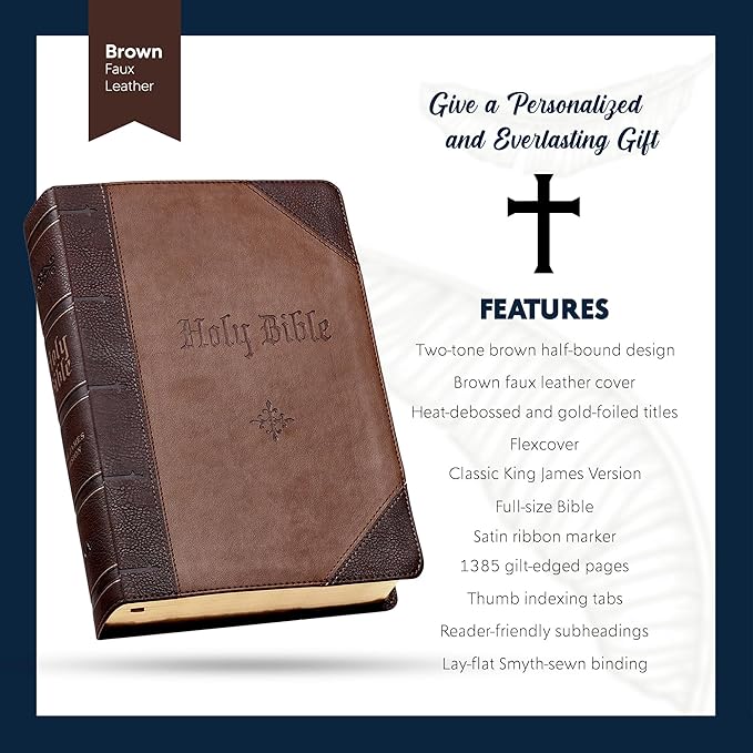Personalized KJV Two-Tone Large Holy Bible Brown Faux Leather King James Version Giant Print Size with Index Tabs | Custom with Name, Date or Text | Gift for Christian & Religious Celebrations