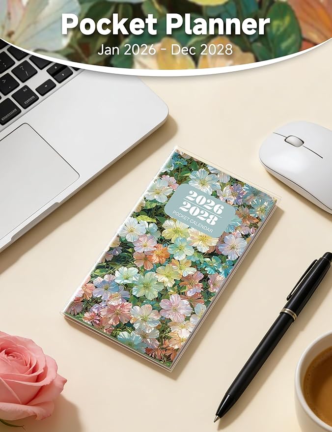 Pocket Calendar 2026-2028 Floral Series, Monthly Planner Jan 2026 to Jul 2028 (3.7" x 6.7") Perfect Purse Calendar, Pocket Agenda with Protective Plastic Sleeve-Mixed Floral