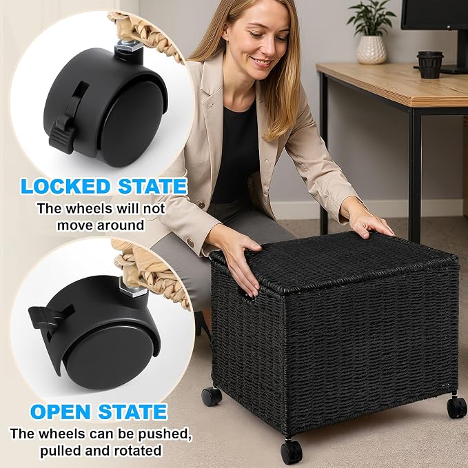 Cinnvoice Decorative Rolling File Cabinet 14 x 12 x 11.5 in Seagrass Wicker File Box Organizer for Letter & Legal Size Handwoven Hanging Filing Basket with Lid for Folder Home Office Decor Black