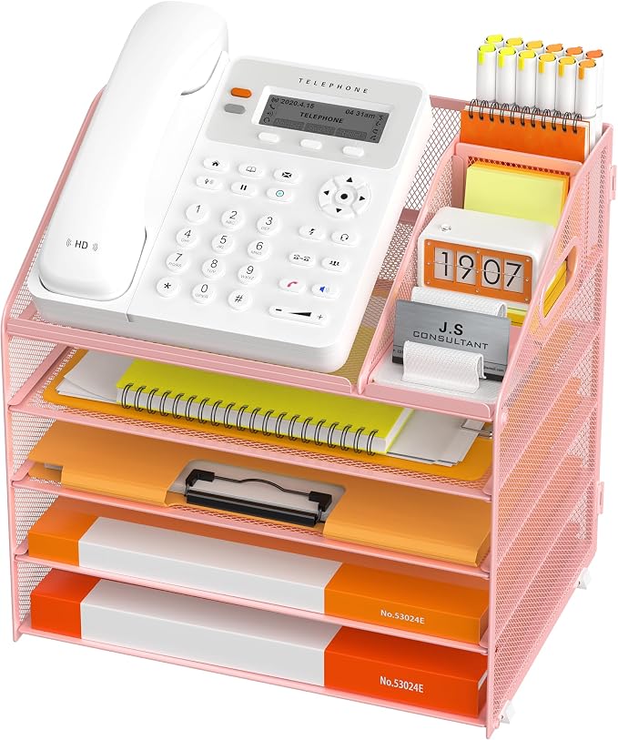 DocNest 5 Tier Metal Mesh Letter Tray - Space Saving Desk File Organizer with Handle, Pen Holder & Folder Holder - Desktop Document Sorter for Office, Home, School, Classroom - Pink