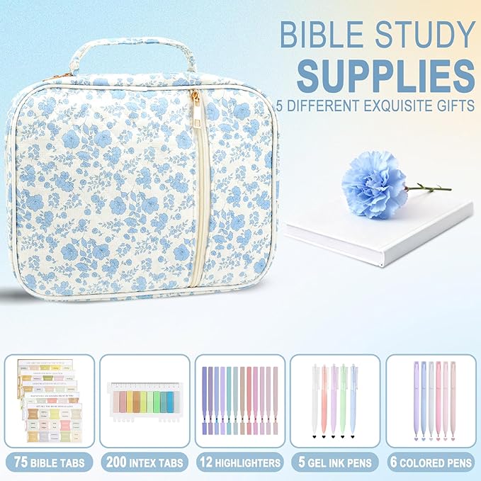 Bible Cover Case Study Supplies for Women Gifts Large Bible Cover with Highlighters Pens Tabs Cute Quilted Carrying Case Journal Kit Accessories Christian Gifts Sticky Notes A
