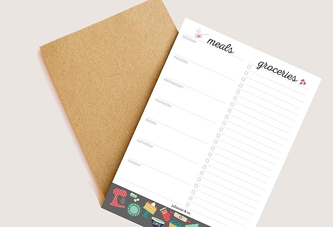 Weekly Meal Planner Notepad By Julianne & Co. - Food Planning Organizer and Grocery List Pad, 52 Premium A5 Pages, with Tear Away Perforated Shopping List (Kitchen Print - NO Fridge Magnet)