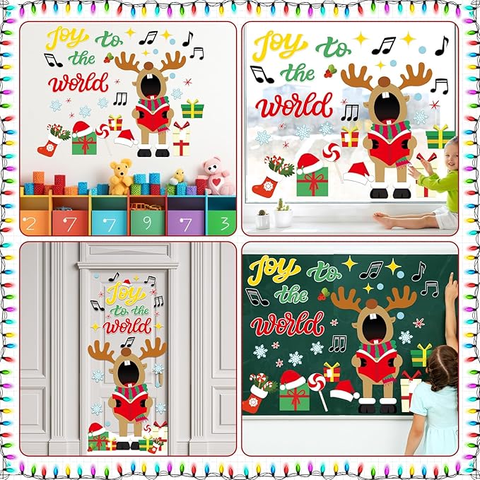 Christmas Deer Music Bulletin Board Door Decorations Xmas Joy to The World Classroom DIY Photo Crafts Singing Elk Snowflake Paper Cutouts Winter Party Favors School Home Chalkboard Door Decor Supplies