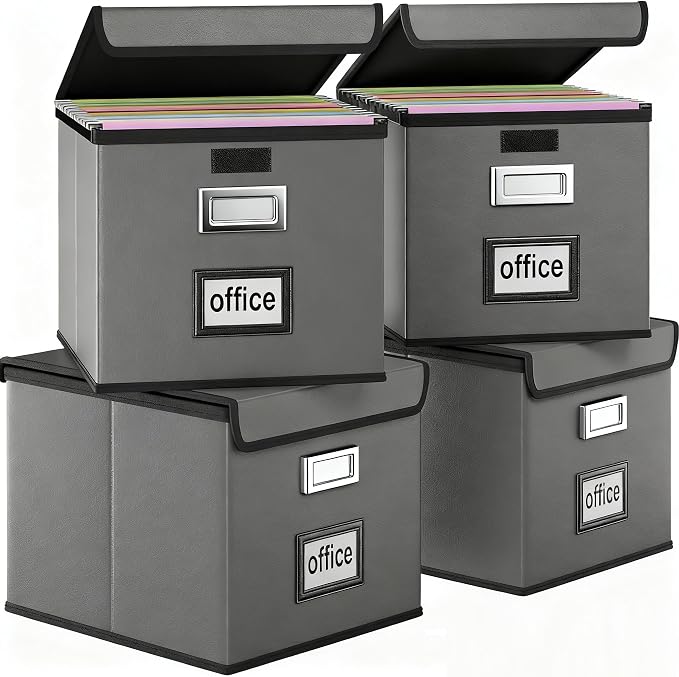 Portable Leather File Organizer Boxes with Lids, Office Document Boxes Organizer, Filing Boxes, Decorative Small File Boxes for Hanging Files with Plastic Slide for Office/Decor/Home