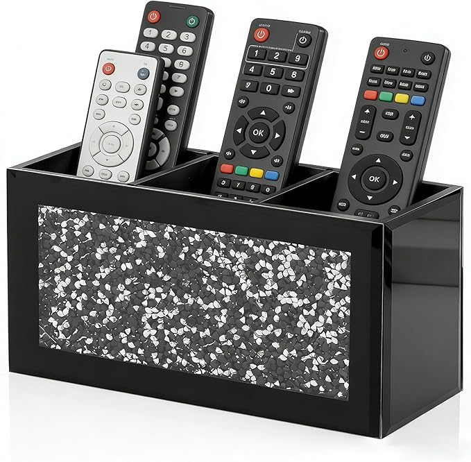 SHYFOY Remote Control Holder, 3 Compartments Glass TV Remoter Caddy Crushed Diamond Desktop Organizer Makeup Brush Holder Storage Fits TV Remotes, Media Controllers, Office Supplies(Black)