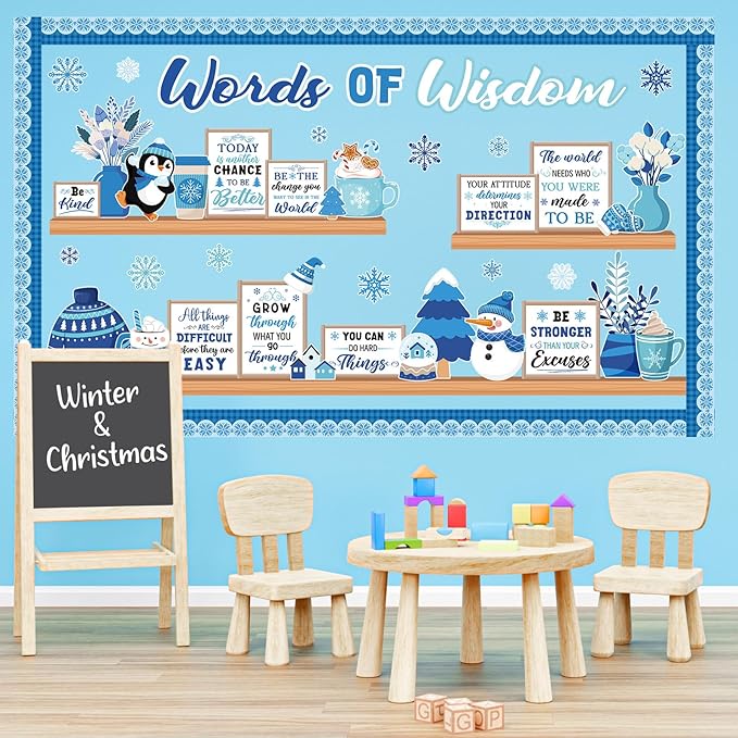 Winter Bookshelf Bulletin Board Set Words of Wisdom Classroom Decorations Inspirational Winter Snowman Snowflake Paper Cutouts for Holiday School Classroom Decor
