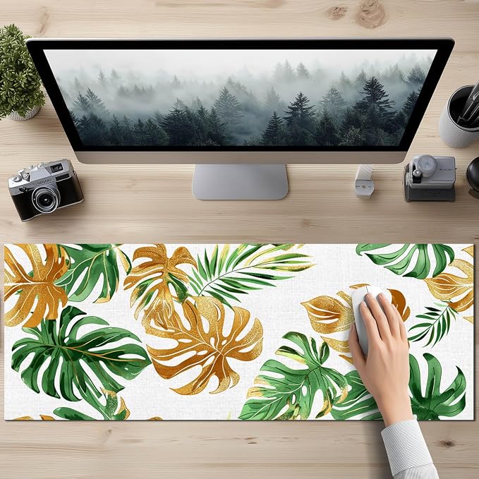 HOMETITUTE XL Mouse Pad 31.5 x 11.8 Inch Tropical Green and Gold Palm Leaf Desk Mat Extended Large Mousepad Non Slip Waterproof Desk Pad Keyboard Mat for Office Home Computer Accessories
