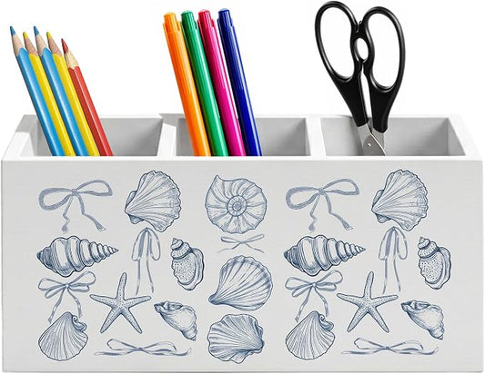 Coquette Bow Blue Coastal Seashell Pen Holder for Home Office Desk, Coastal Granddaughter Room Decor, Blue Preppy Girly Beach Wooden Box Sign Pencil Holder for Desk Shelf Organizer